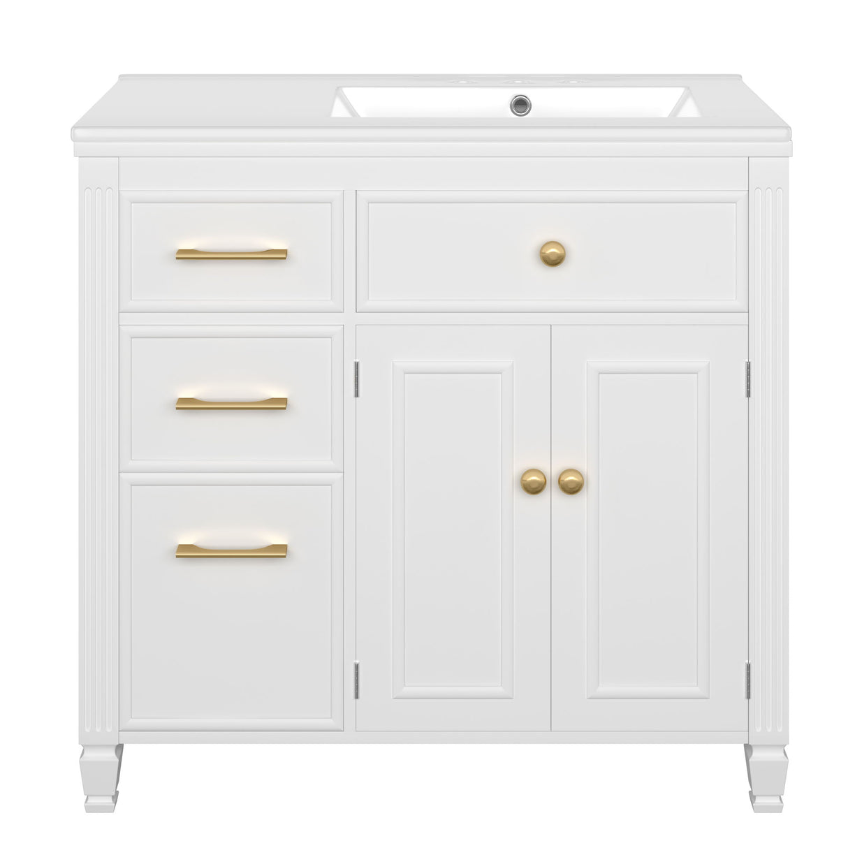 Modern Bathroom Vanity With Ceramic Sink, Freestanding, One Tip Out Drawer, 3 Side Drawers, Adjustable Shelf