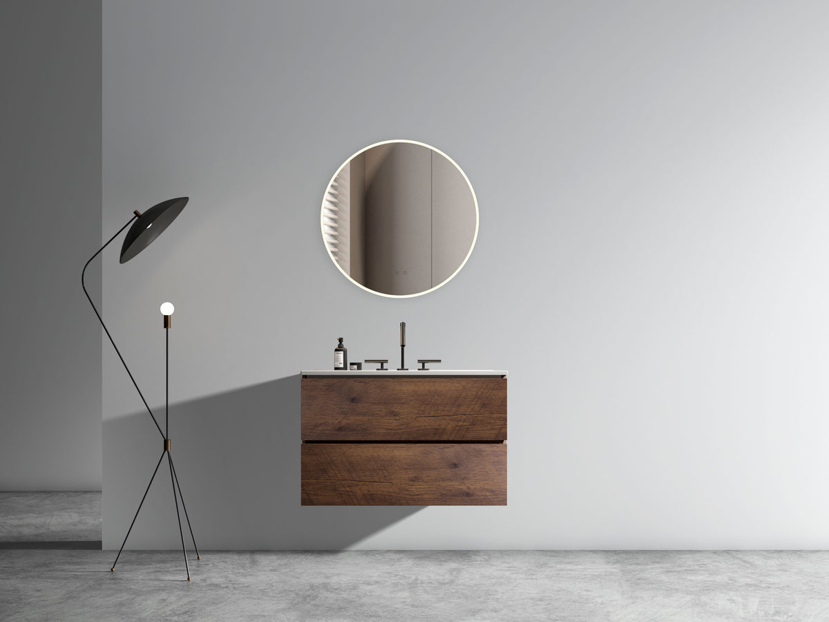 Wall Mount 30" Walnut Bathroom Vanity with Ceramic Sink