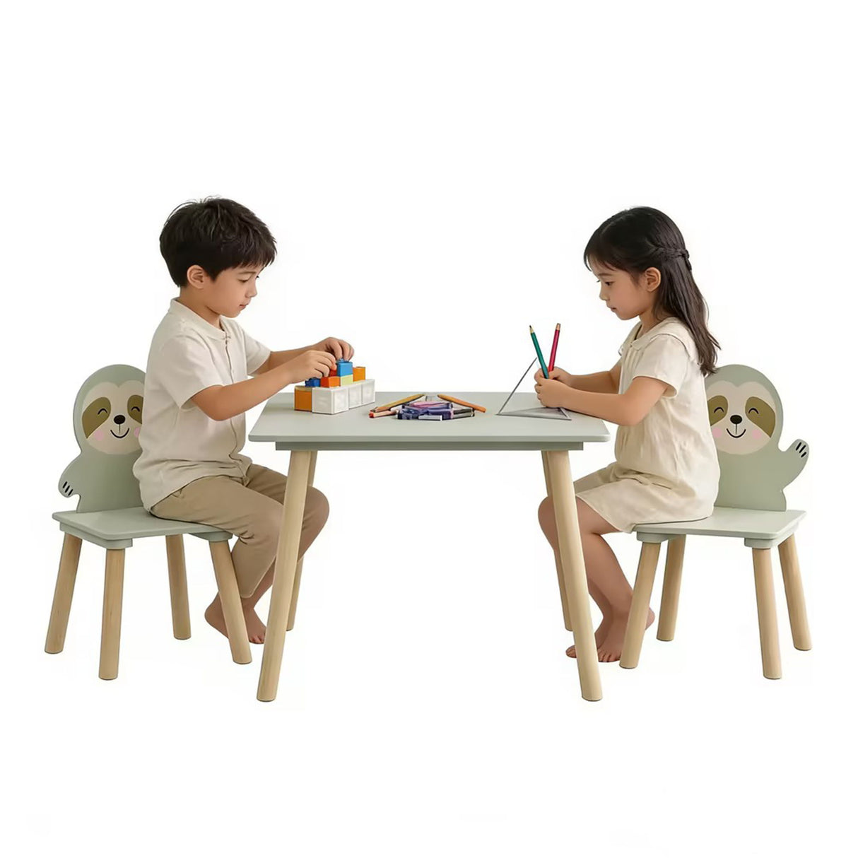 Sloth Themed Table And Chair Set With 2 Cute Animal Chairs - Natural Wood / Sage Green