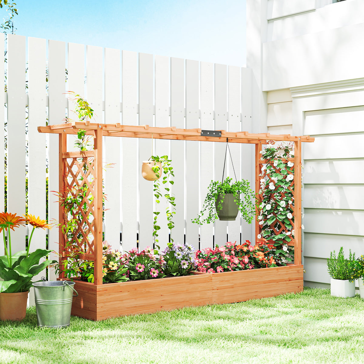 Wood Raised Garden Bed with Trellis - Large Outdoor Planter Box