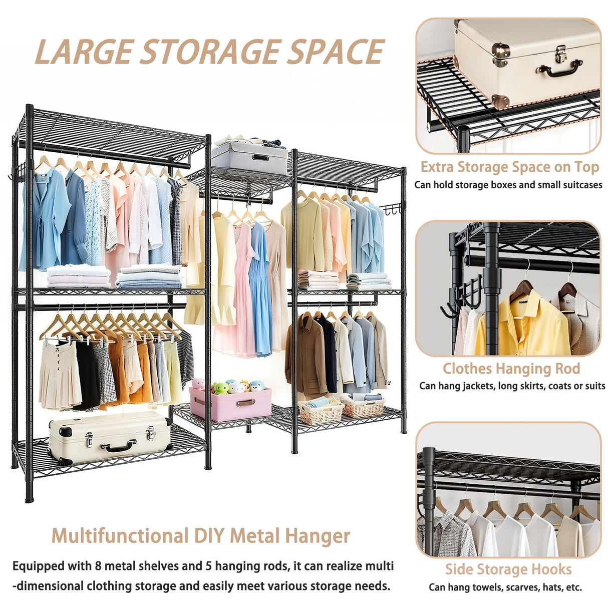 Heavy Duty Garment Rack With 8 Adjustable Wire Shelves And 5 Clothes Rails, Freestanding Closet Organizer Metal - Black