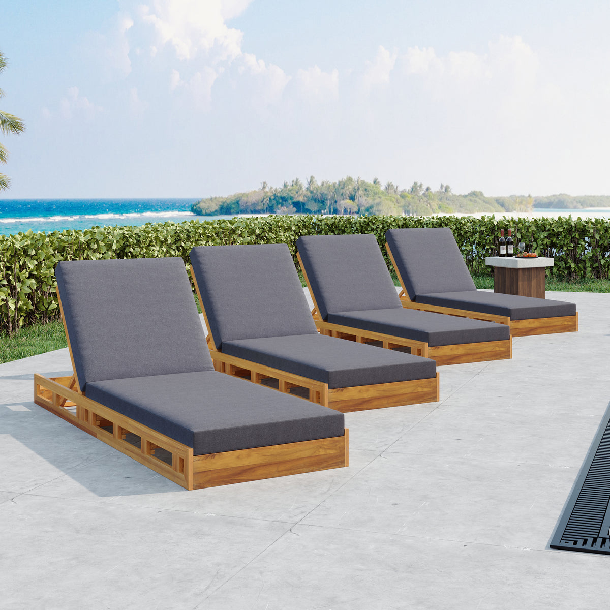Lounge Chaise Set - Acacia Wood with Water-Resistant Cushions