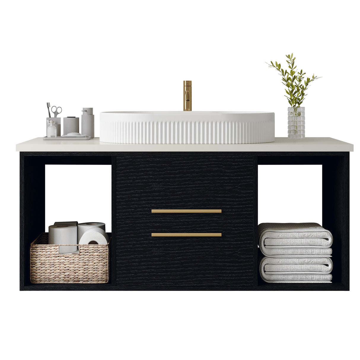 Modern 39.4-In Wall-Mounted Bathroom Vanity with Oval Ceramic Sink