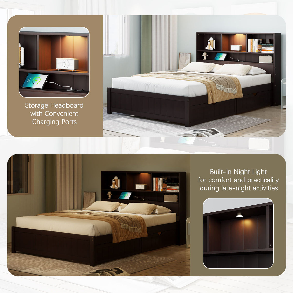 Platform Bed With Bookcase Headboard, Built-In Downlight, Charging Station, And 2 Side Drawers