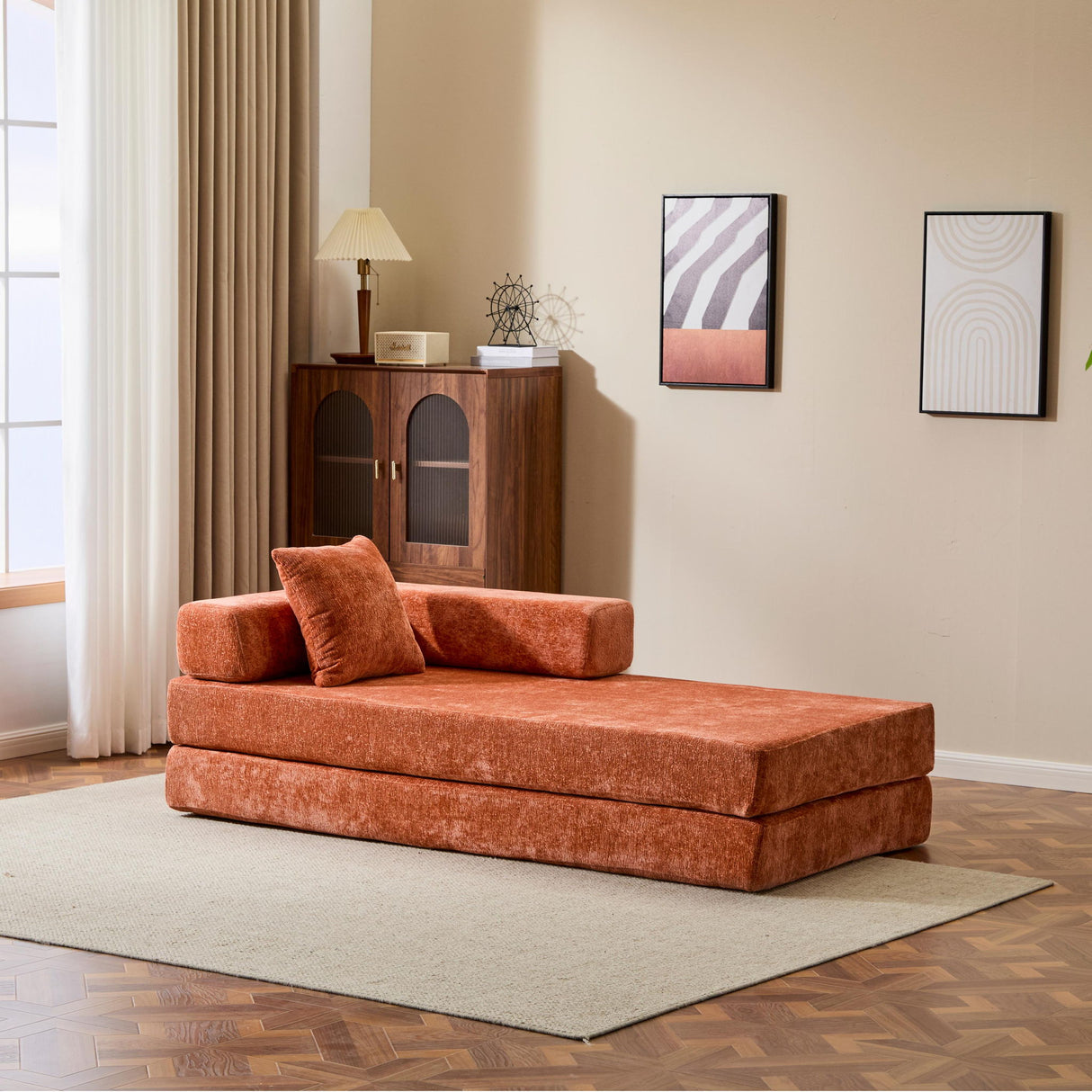 Convertible Floor Sofa Bed With Pillow Back Support Armrest