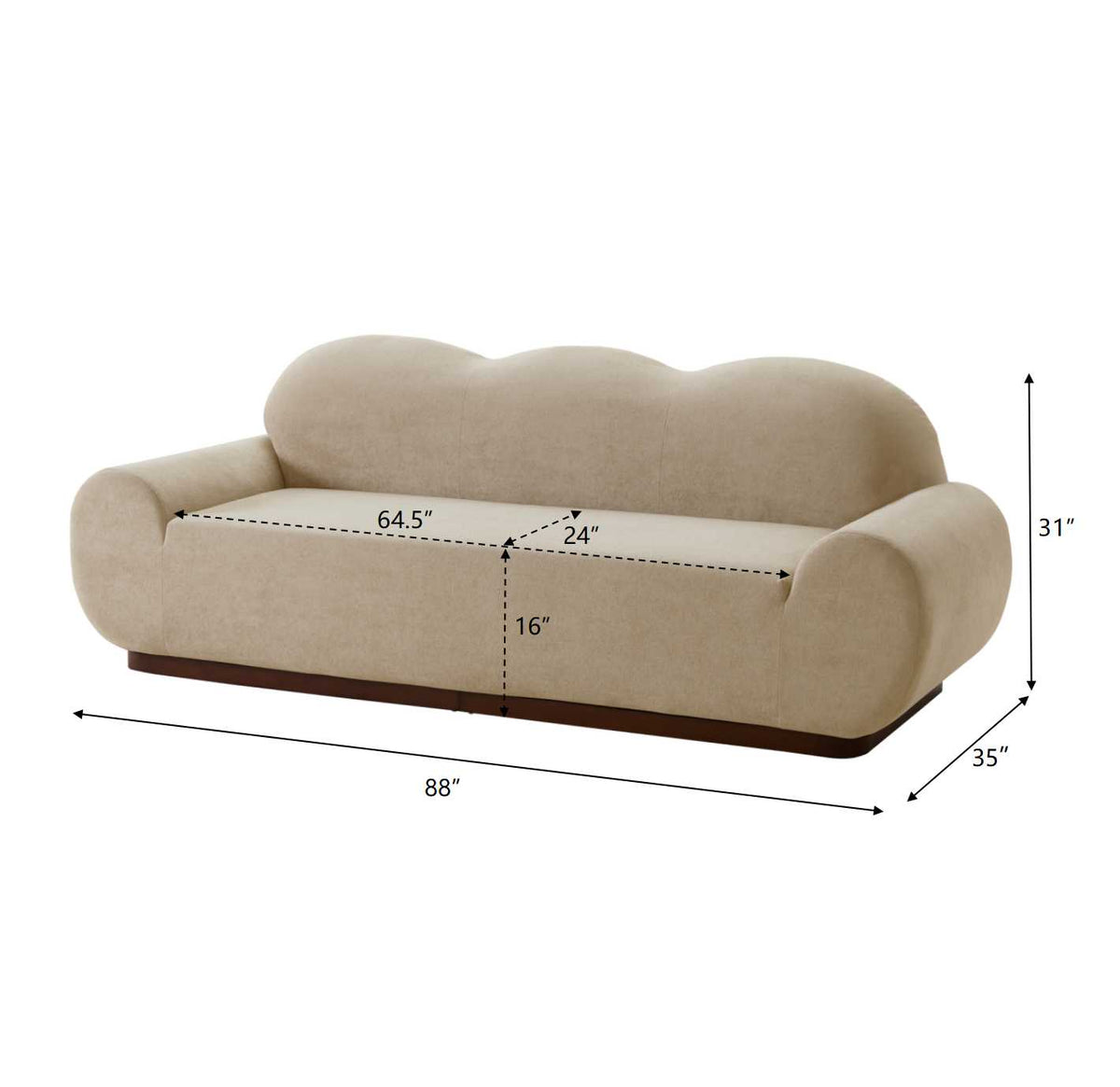 88 in. Round Arm Cloud Curved 3 Seater Modern Upholstered Chenille Sofa