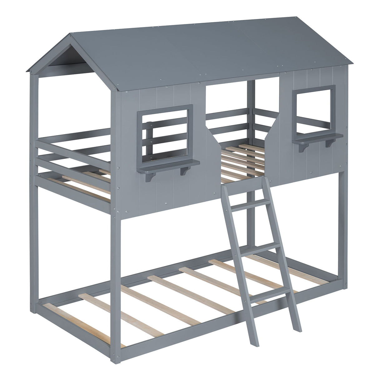 Twin Over Twin Bunk Bed With Roof, Window, Guardrail, Ladder