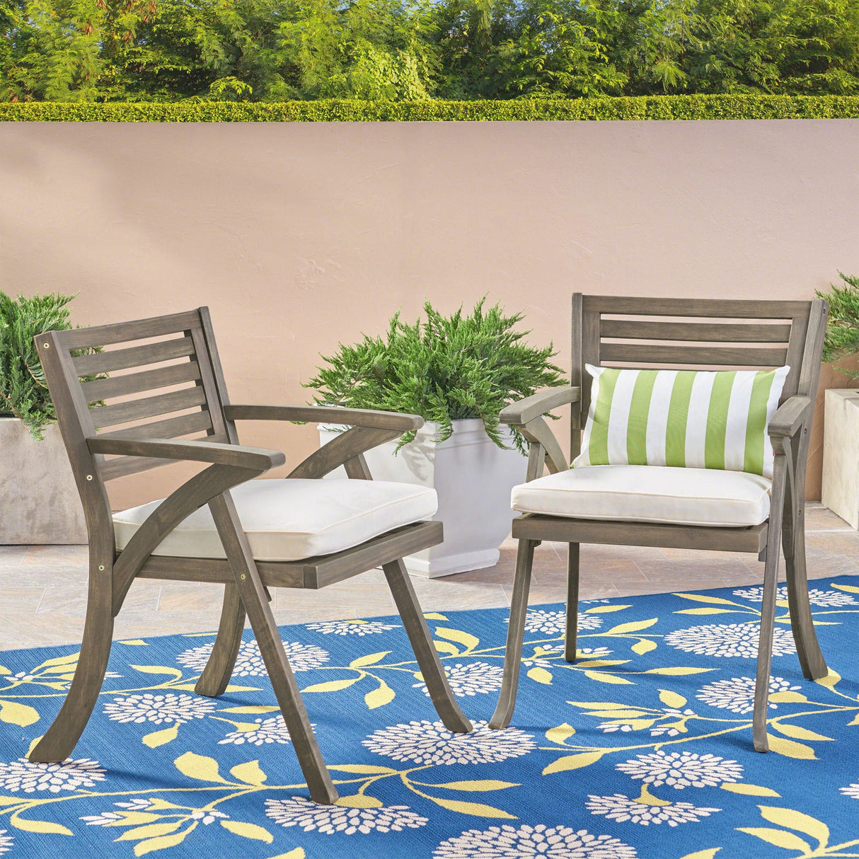 Helen Outdoor Acacia Wood Dining Chair Set of 2 - Gray / Creme