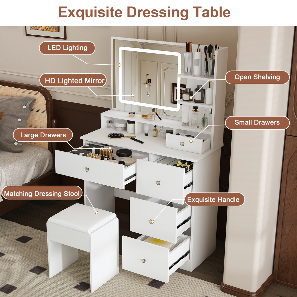 Fashion Vanity Desk with Mirror & 3-Color Dimmable LED Lights