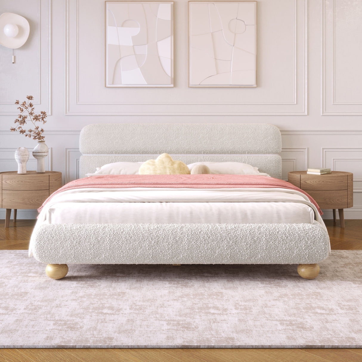 Queen Size Low Profile Upholstered Bed - White