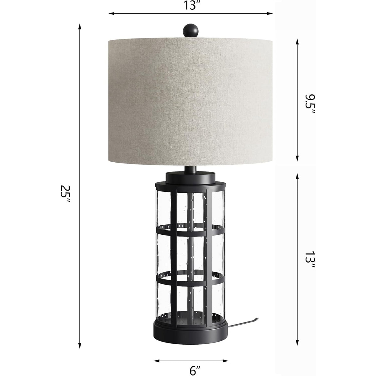 25-Inch Glass Table Lamps Set of 2, 3-Way Dimmable with USB and Type C, Black
