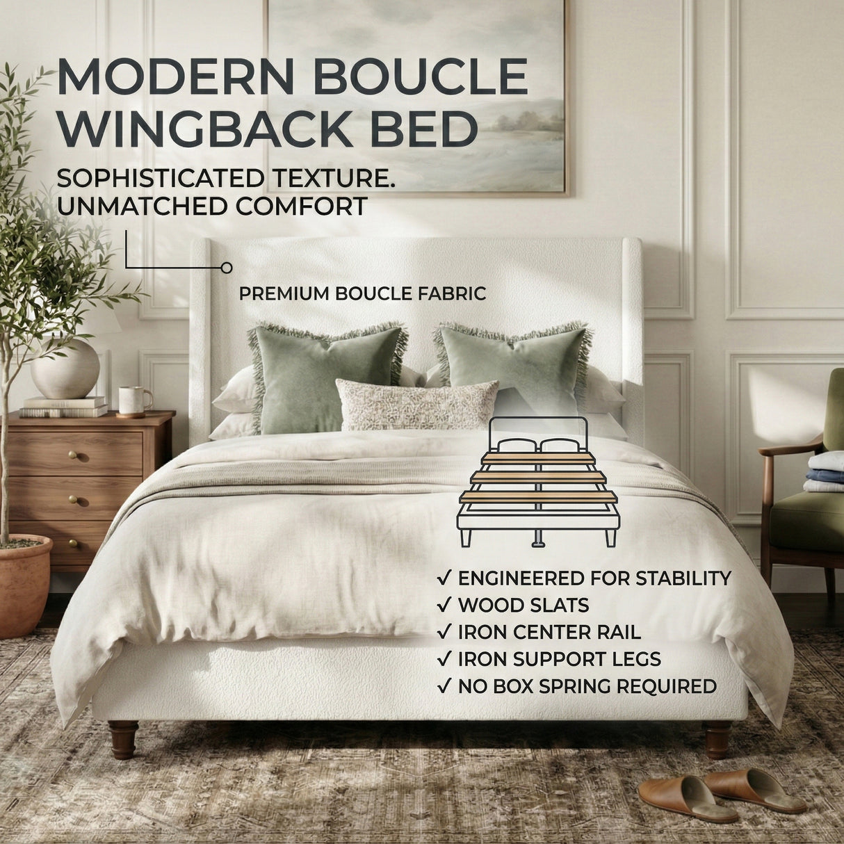 52.7" Tall Upholstered Wingback Queen Platform Bed Frame