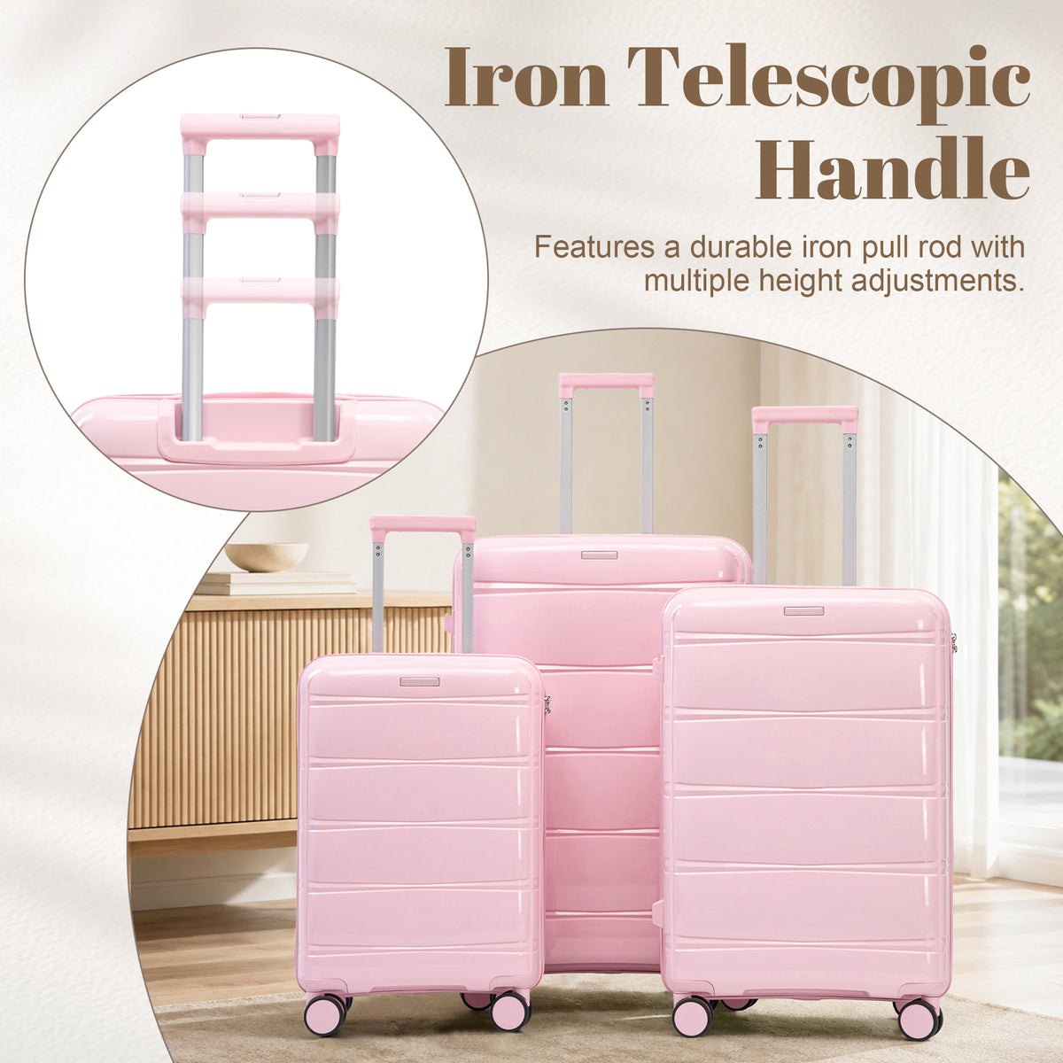 3-Piece Polypropylene Luggage Set, 20/24/28 Inch, Pink