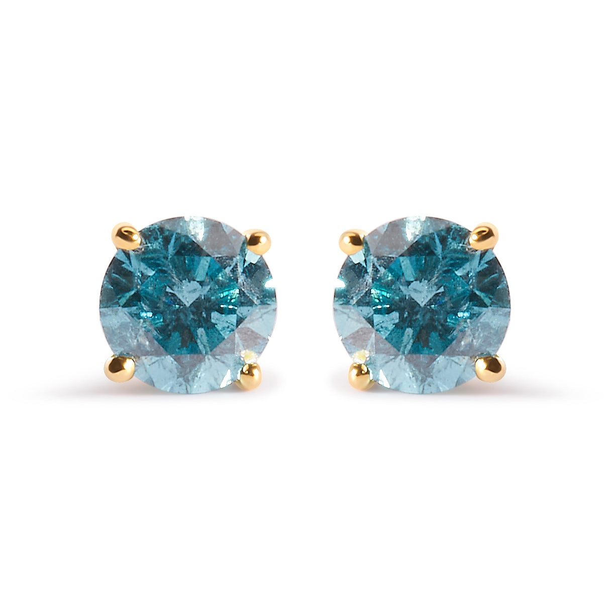 14K Yellow Gold 1.0 Cttw Treated Aqua Blue Diamond Classic Solitaire Stud Earrings (Aqua Blue Color, I2-I3 Clarity)