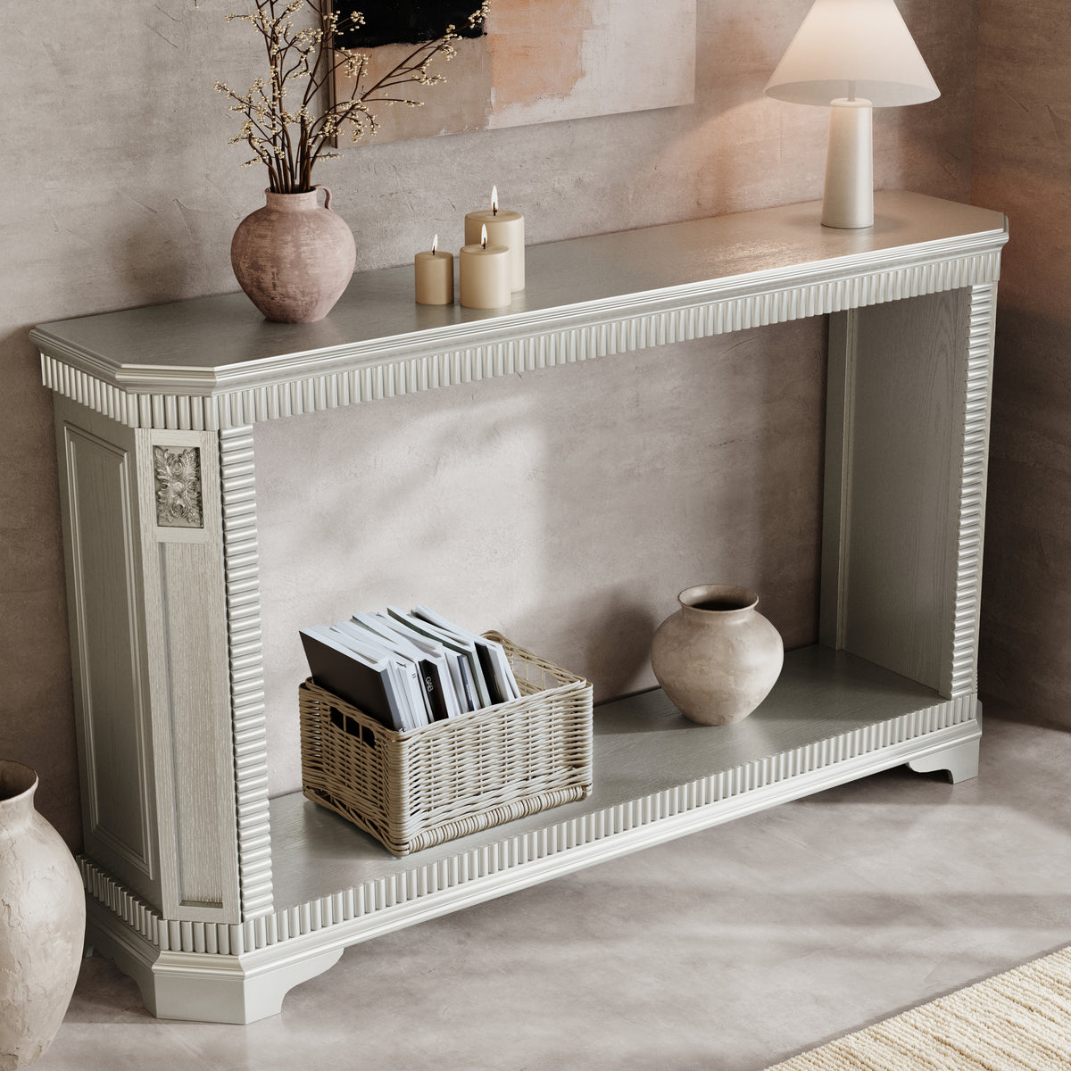55-Inch Retro Carved Console Table, 2-Tier Open Storage, Champagne Silver