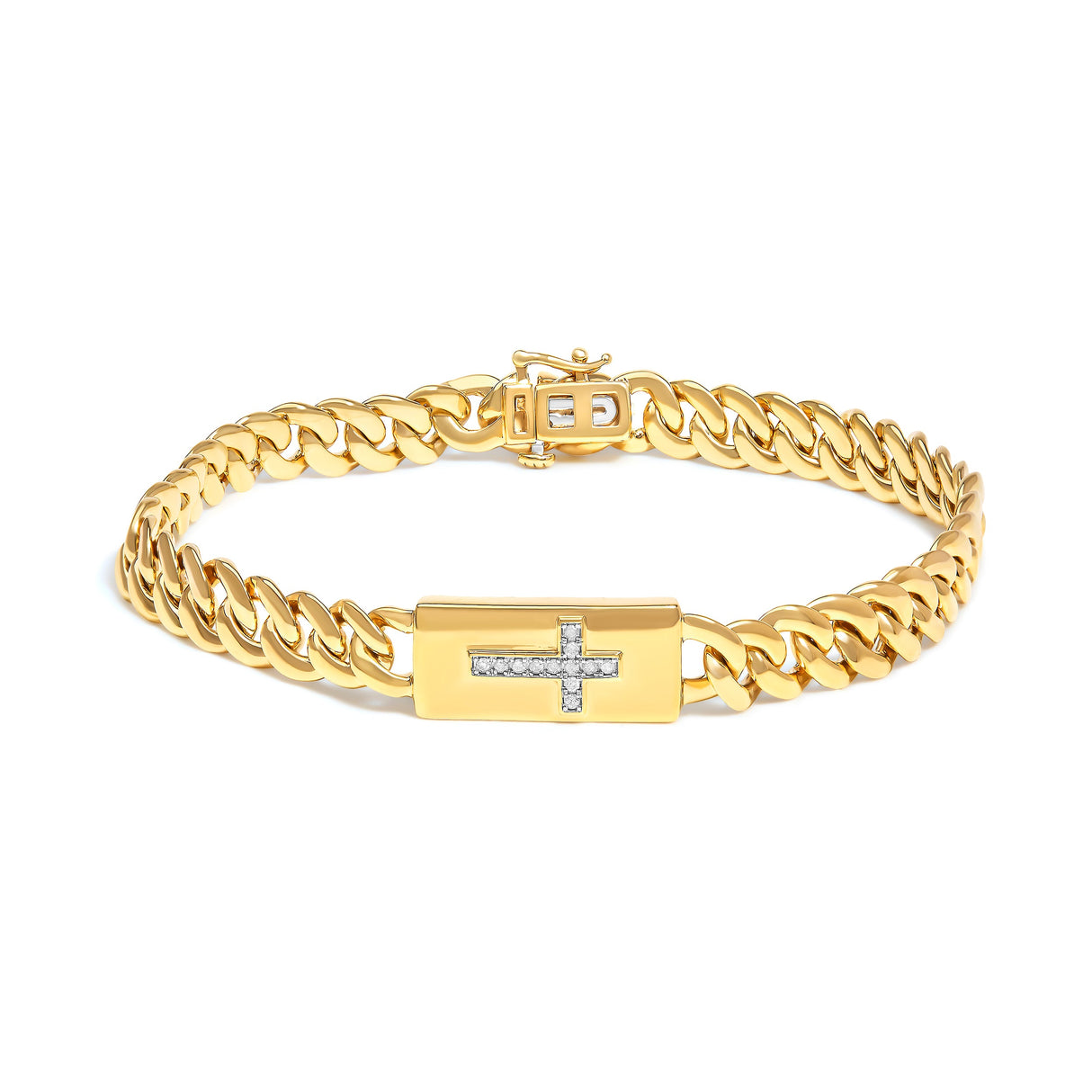 14K Yellow Gold Plated .925 Sterling Silver Diamond Accent Inlaid Cross Cuban Link Bracelet (I-J Color, I3 Clarity)- 7.25"