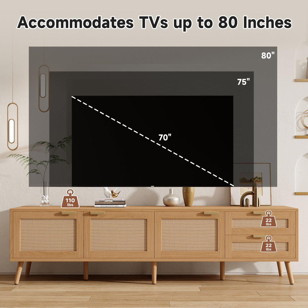 TV Stand, Media Console, 2 Drawers & Cable Management - Natural Wood