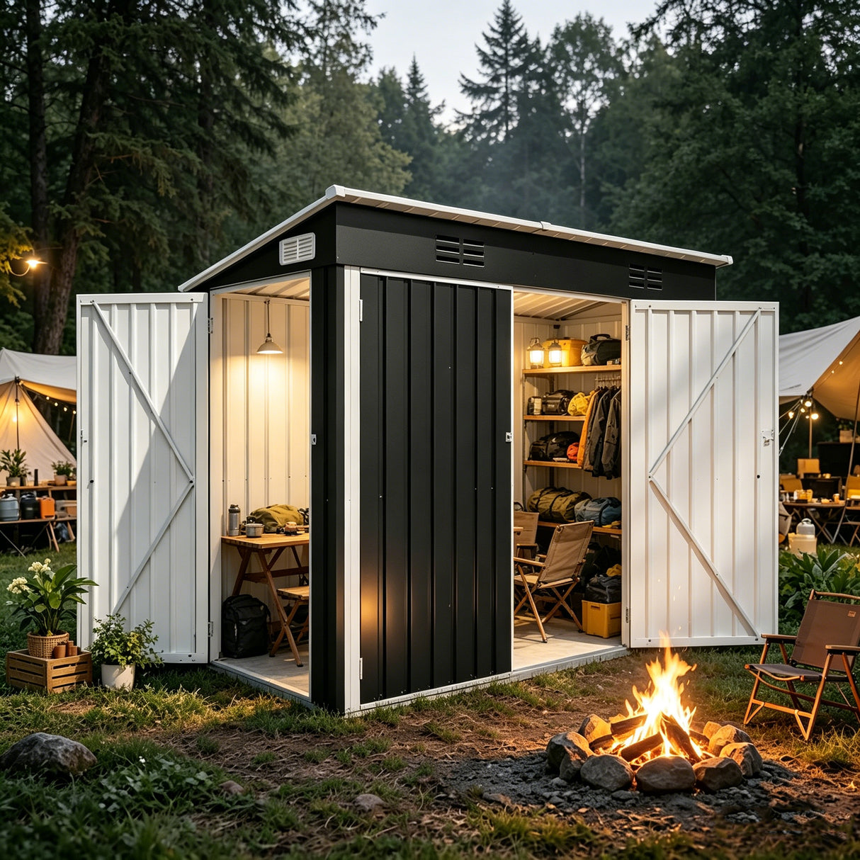 4 x 8 Ft Galvanized Steel Outdoor Storage Shed with 3 Access Doors