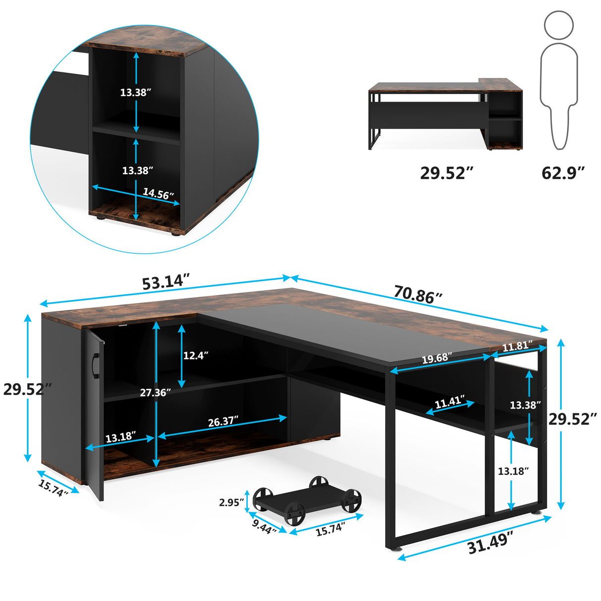 L-Shaped Executive Desk With Storage Cabinet & Shelves, Home Office Workstation With Cpu Stand And Printer Station - Brown / Black