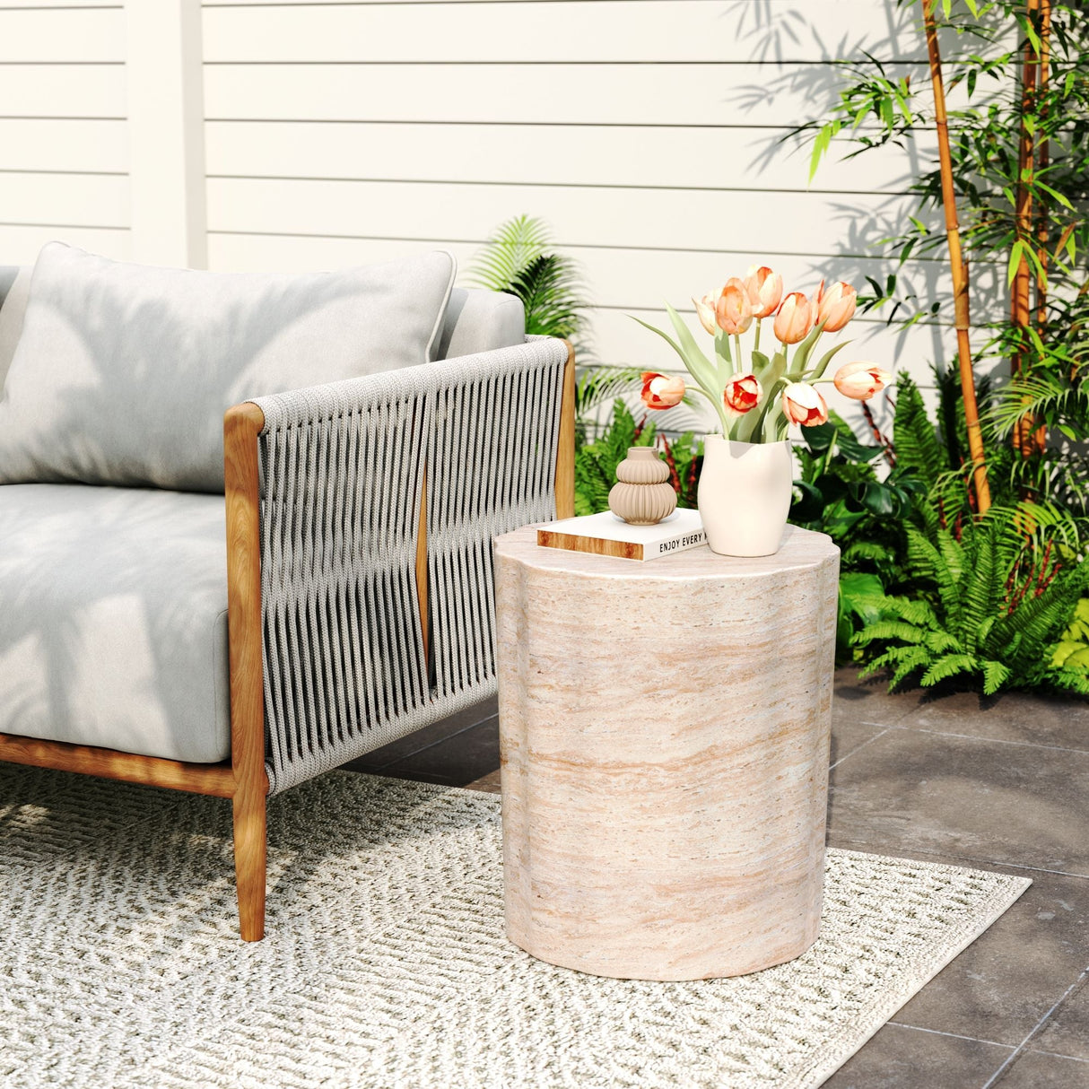Elegant Indoor / Outdoor Lightweight Concrete Side Table With Travertine - Beige - Best Buy Furniture