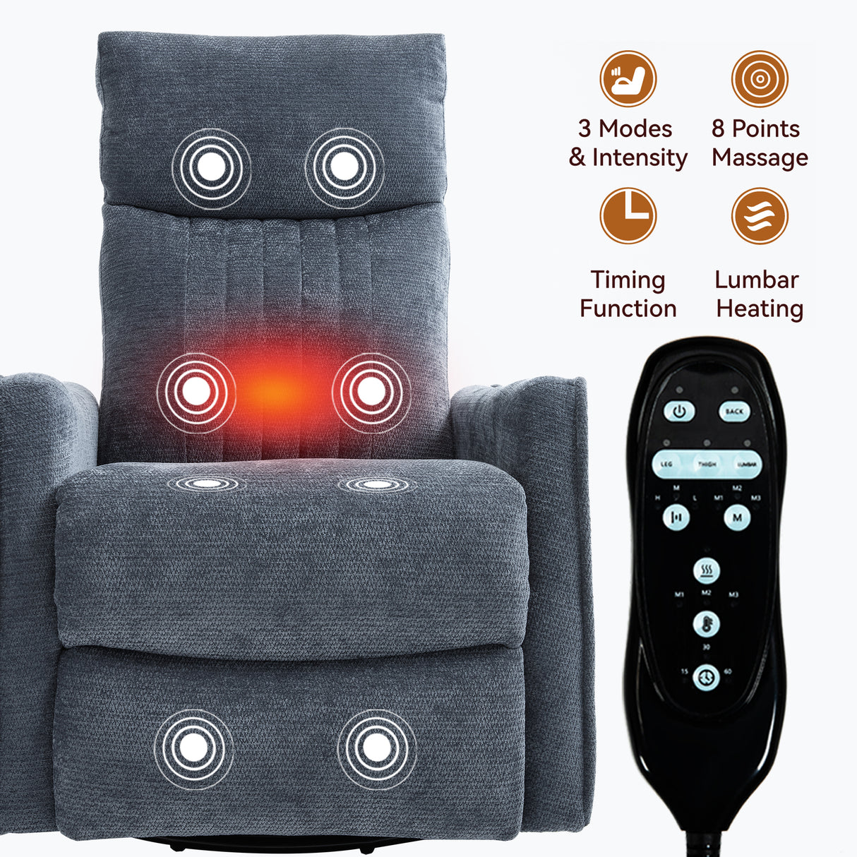 Blue Heat Massage Manual Recliner Chair with Rocker and Swivel