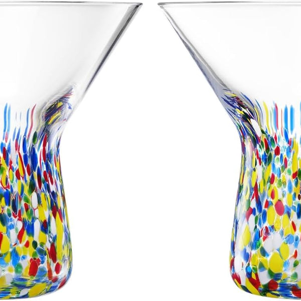 The Wine Savant Stemless Martini Glasses Hand Blown Mexican Confetti Design Colorful Glass Drinkware - Set of 2 Clear