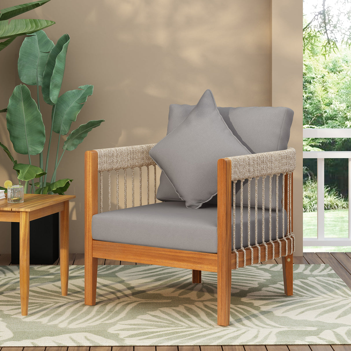 Acacia Wood Outdoor Club Chair with Handwoven Rope Accents & Curved Backrest