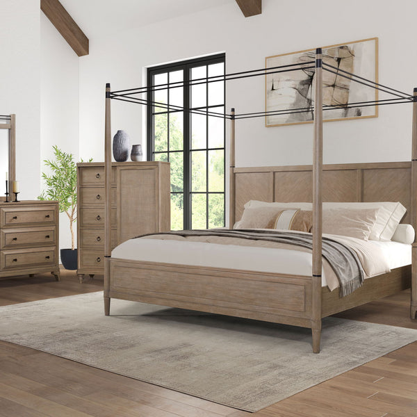 Queen Canopy Bedroom Set With A 2 Drawer Nightstand A Dresser With Poster Mirror And A Door Chest - Sand
