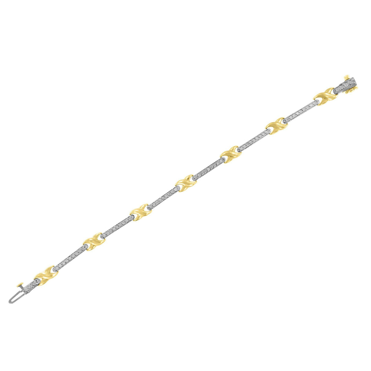 10K Yellow Gold 1.00 Cttw Pave Set Diamond Bar and X-Link 7" Bracelet (I-J Color, I3 Quality)