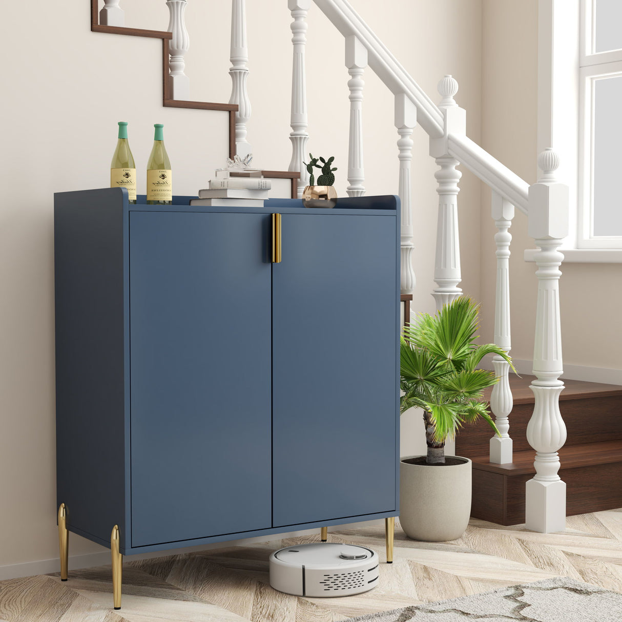 Wine Bar Cabinet With Adjustable Shelf, 2 Door Sideboard With Soft-Closing Hinges And Feet