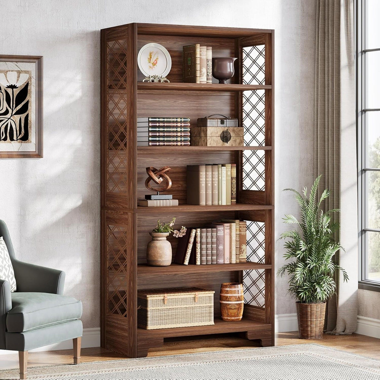 6 Tier Brown Mid Century Bookcase With X Design for Living Room
