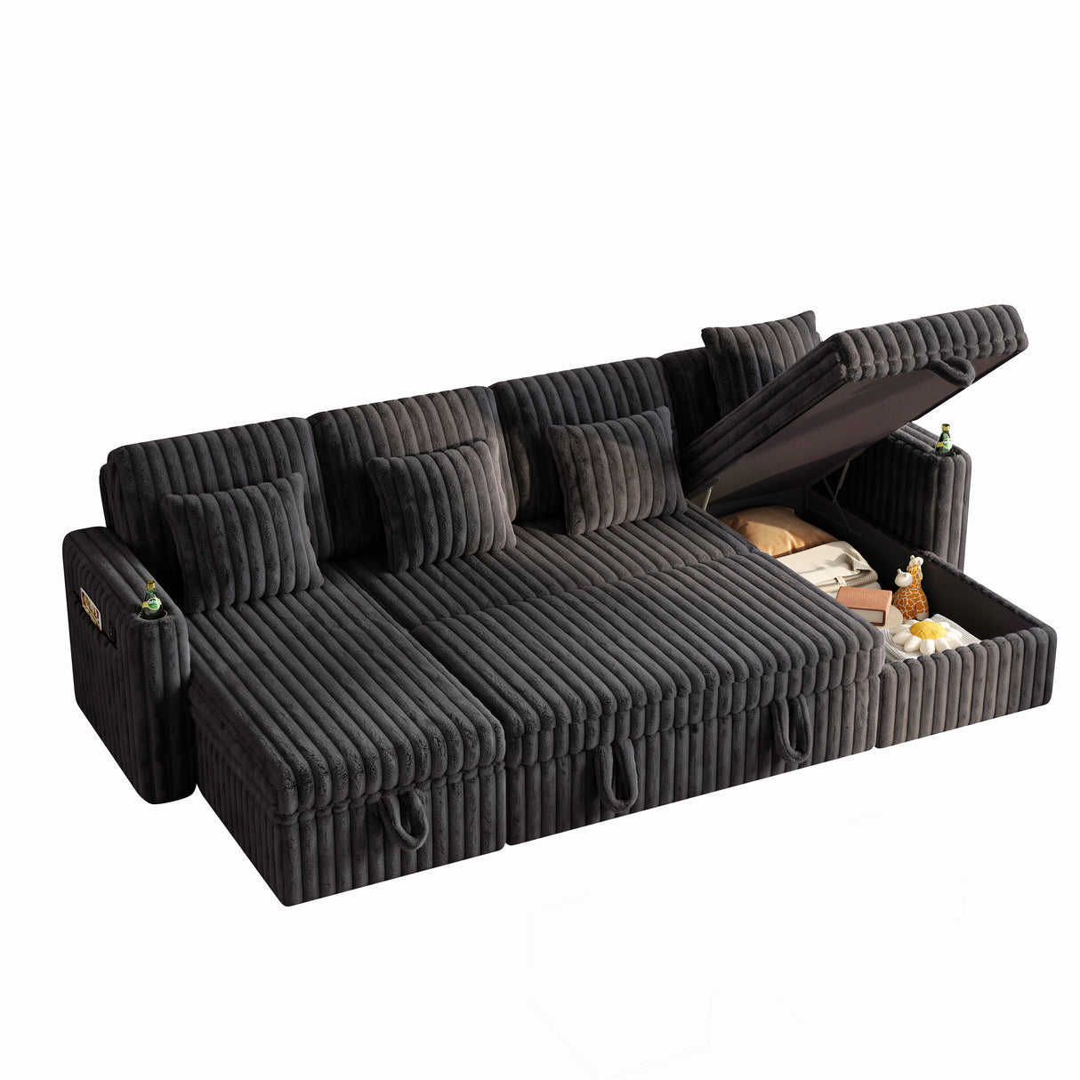 U Shaped Plush Corduroy Fluffy Sectional Sleeper Sofa