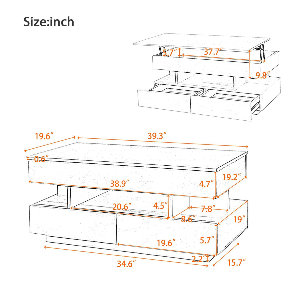 Multi Functional Lift Top Coffee Table With 2 Drawers