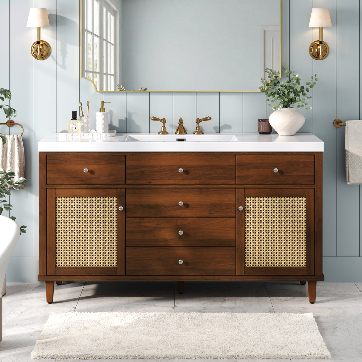 60-Inch Bathroom Vanity with SMC Sink, Brown Solid Wood and MDF, Soft-Close Drawers