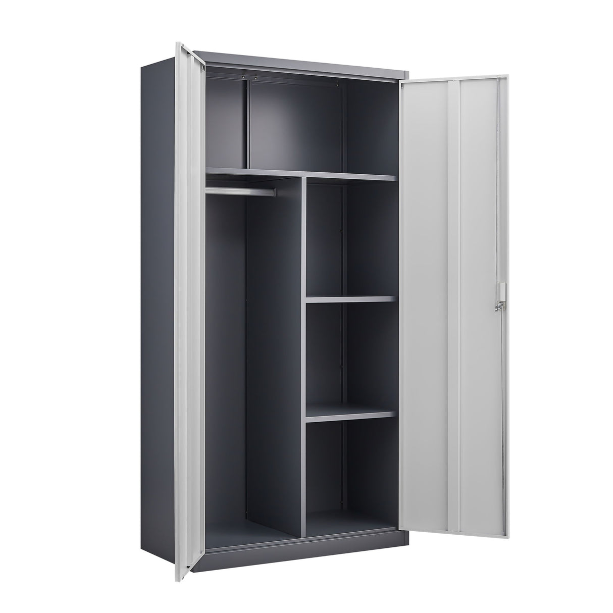 Wardrobe With Hanging Rod And Compartments, Lockable Closet With Locks & Keys For Bedroom - Gray
