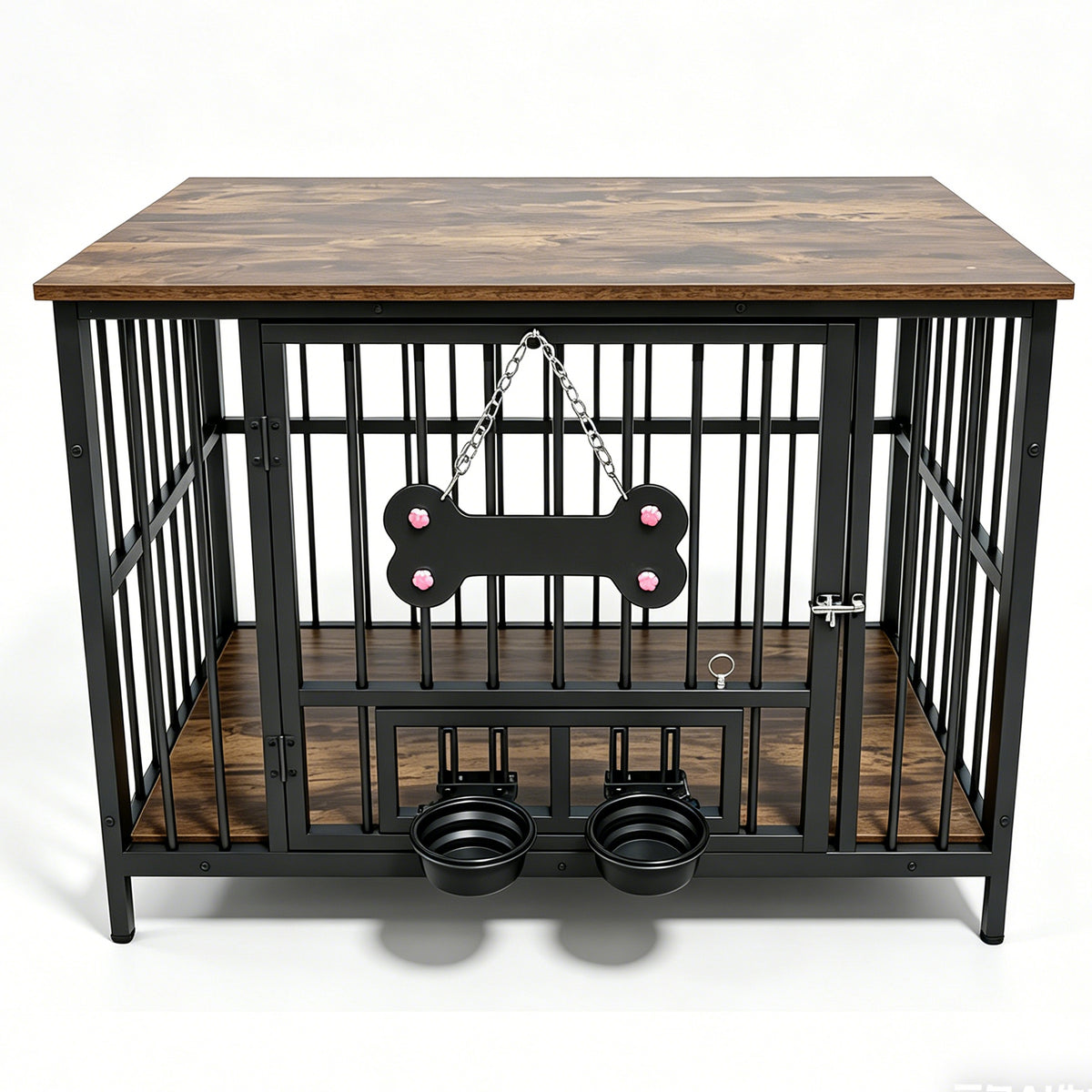 Vintage Wood Grain Dog Cage with Rotating Bowl