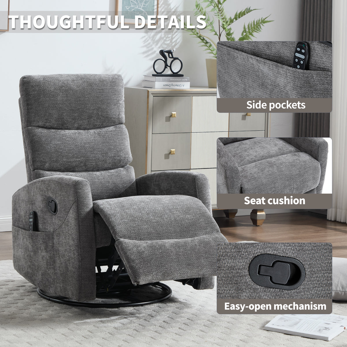 Heat Massage Manual Recliner Chair with Rocker and Swivel in Fabric