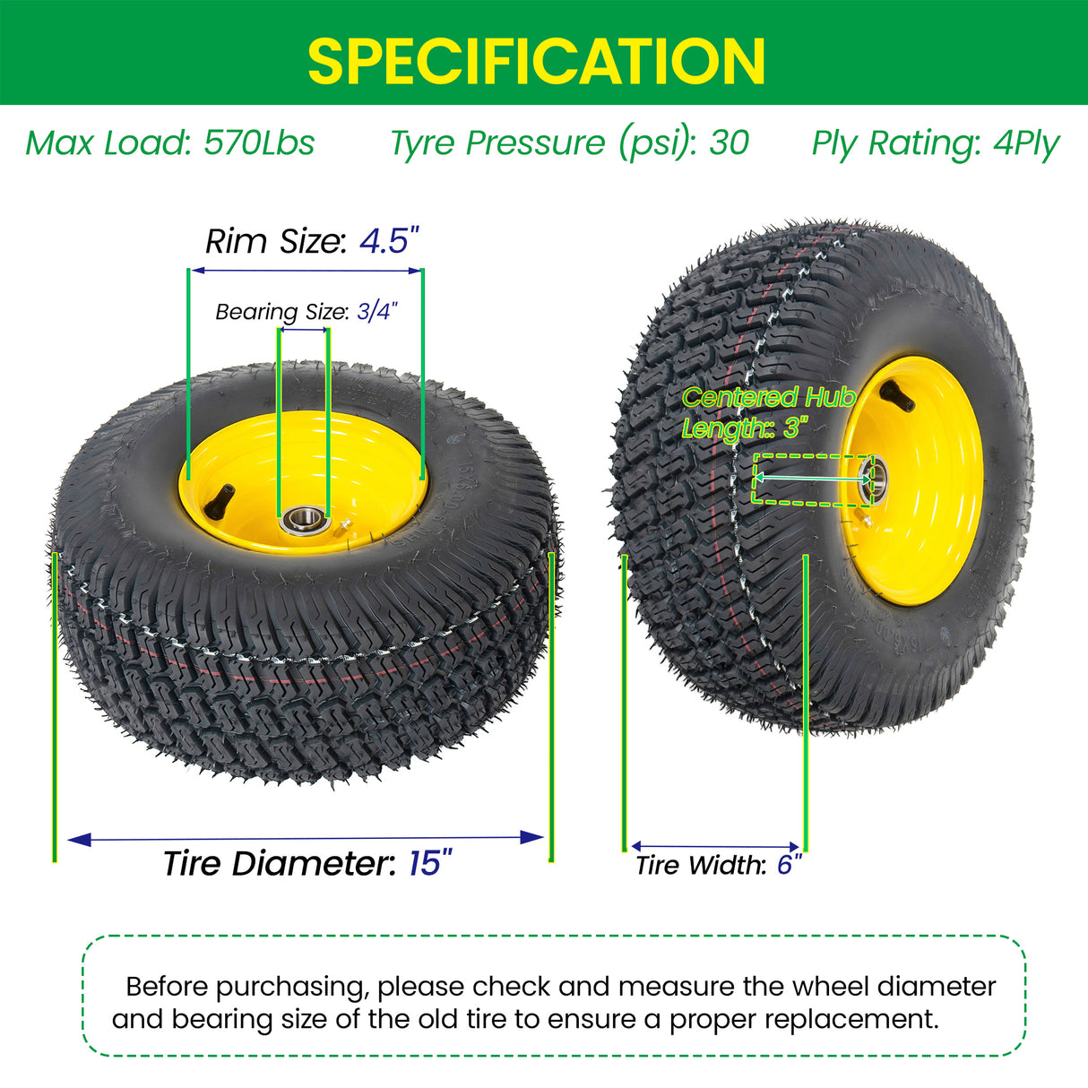 Set of 2 15x6.00-6 Lawn Mower Tires and Wheel Assembly