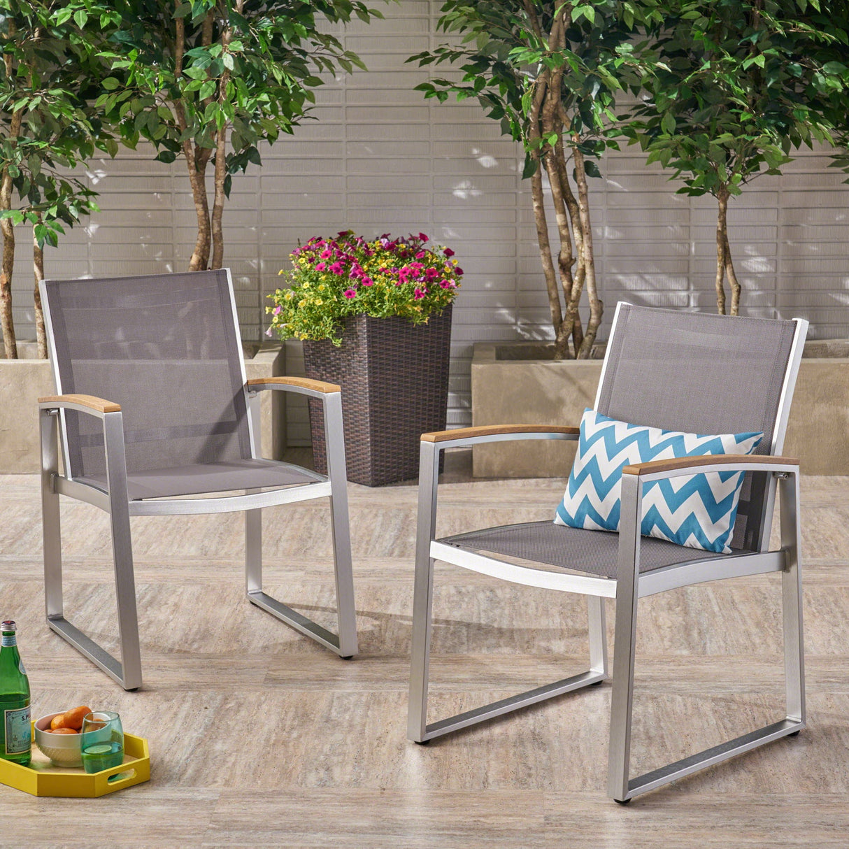 Poetic - Outdoor Dining Chair With Faux Wood Arms And Aluminum Frame (Set of 2) - Gray - Best Buy Furniture