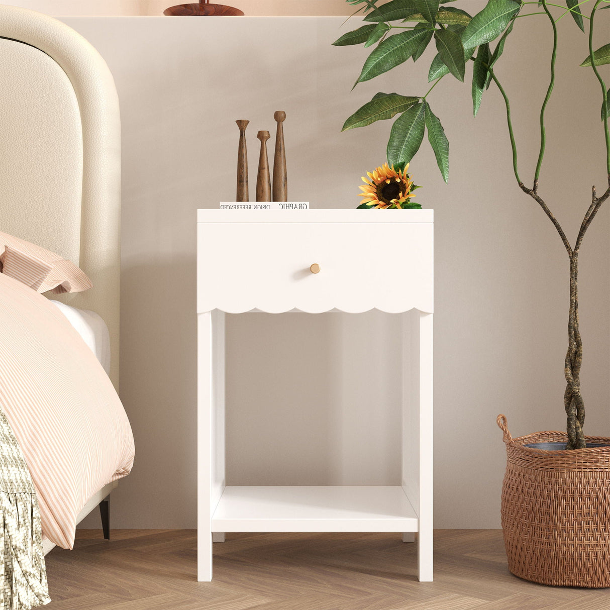 Nightstand With Drawer and Open Shelf, Scalloped Edge Bedside Table