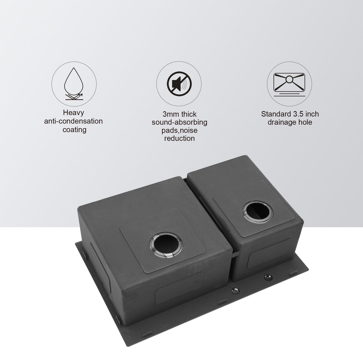 Double Bowl Drop In Sink With 2 - 9" Deep Basins - Gunmetal Black