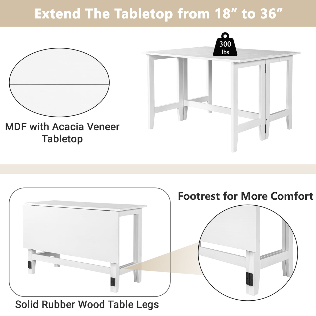 Topmax Farmhouse Wood Extendable Dining Table with Drop Leaf - White