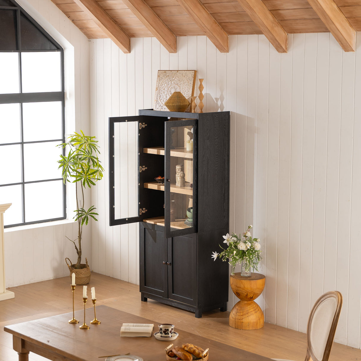 Mid Century Modern Style Tall Display Cabinet With Glass Doors For Collectibles - Black