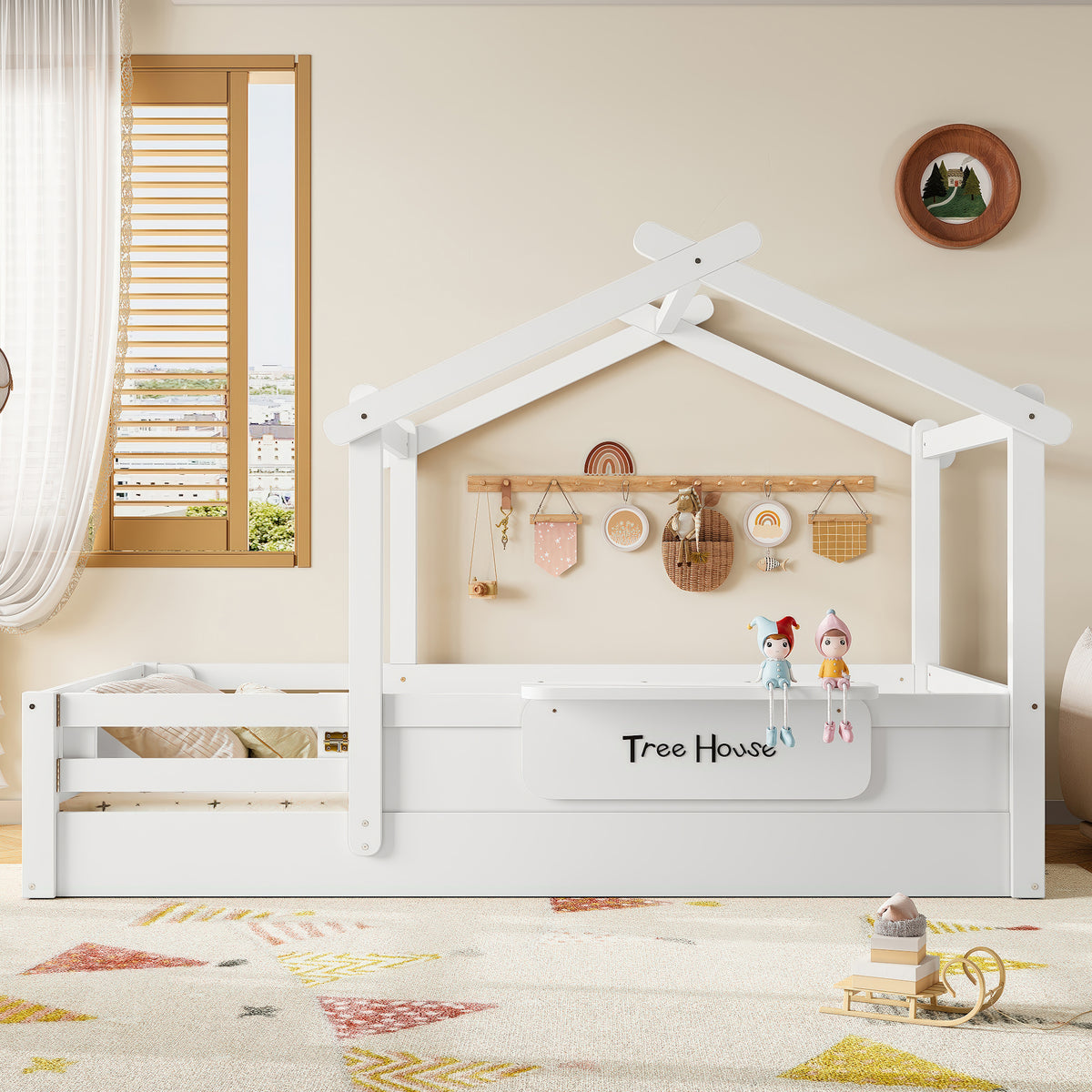Twin Size Floor Bed with Guardrails and Roof