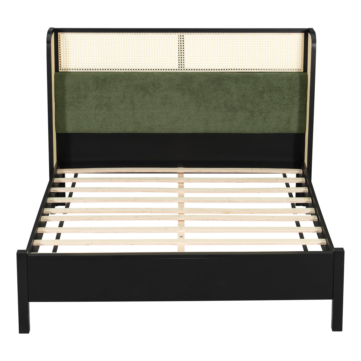 Queen Size Bed Frame with Plush Green Upholstered Headboard