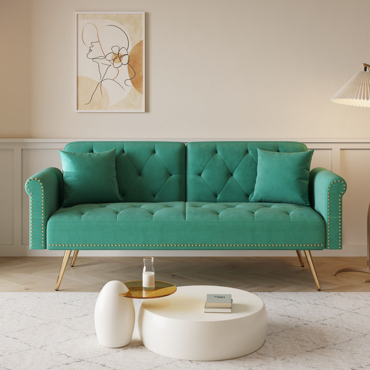 Luxurious Sofa Bed With Nail Head Trim And Matching Pillow