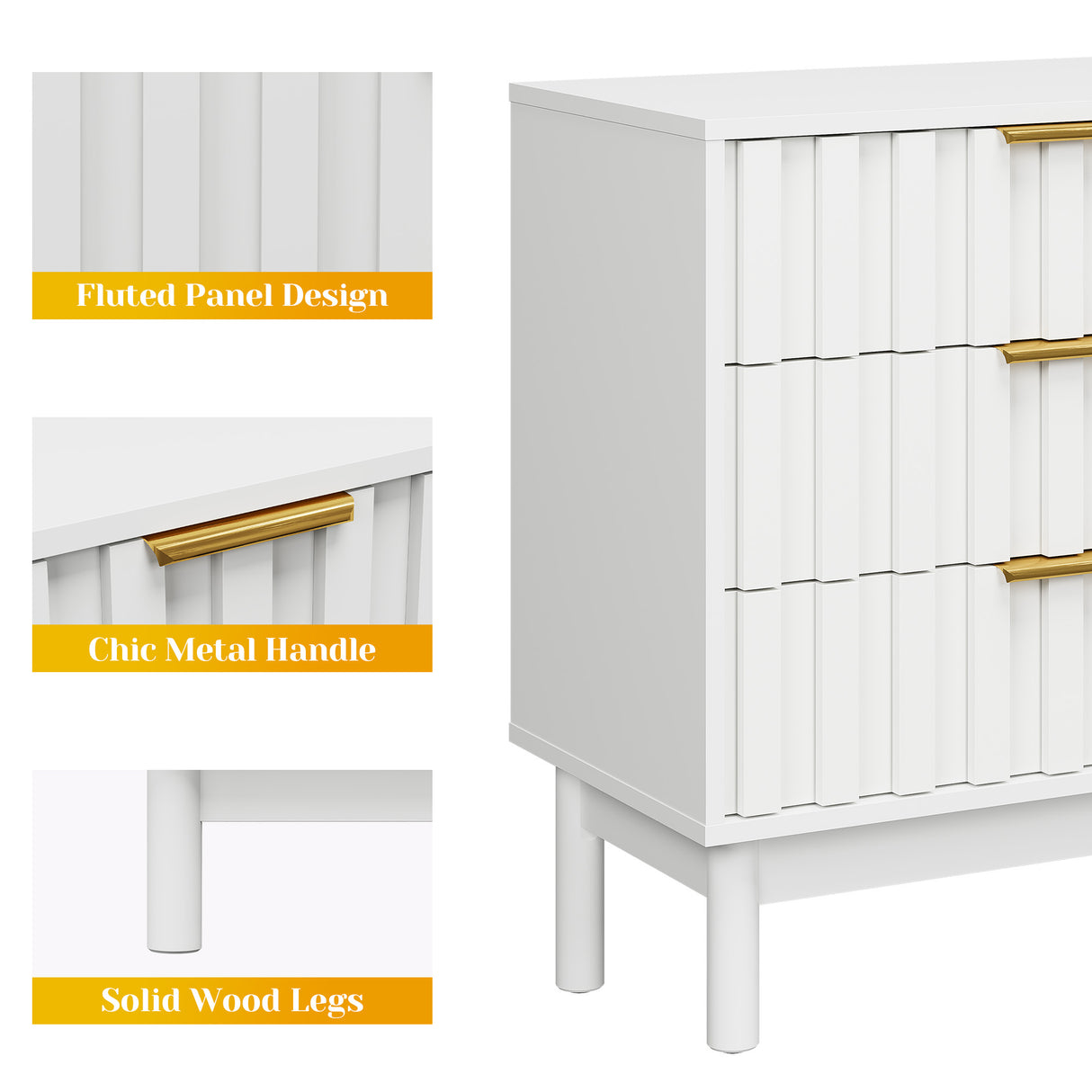 3 Drawer Dresser with Fluted Panel Design
