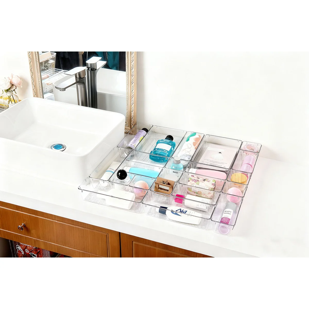 25 Piece Clear Plastic Drawer Organizers Set, 4 Sizes Clear Drawer Organizers & storage Bins for Makeup/Jewelry Vanity, Kitchen Gadgets Or Office Desk. Bathroom Drawer Organizer Trays
