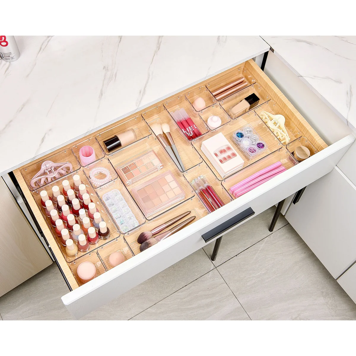 25 Piece Clear Plastic Drawer Organizers Set, 4 Sizes Clear Drawer Organizers & storage Bins for Makeup/Jewelry Vanity, Kitchen Gadgets Or Office Desk. Bathroom Drawer Organizer Trays