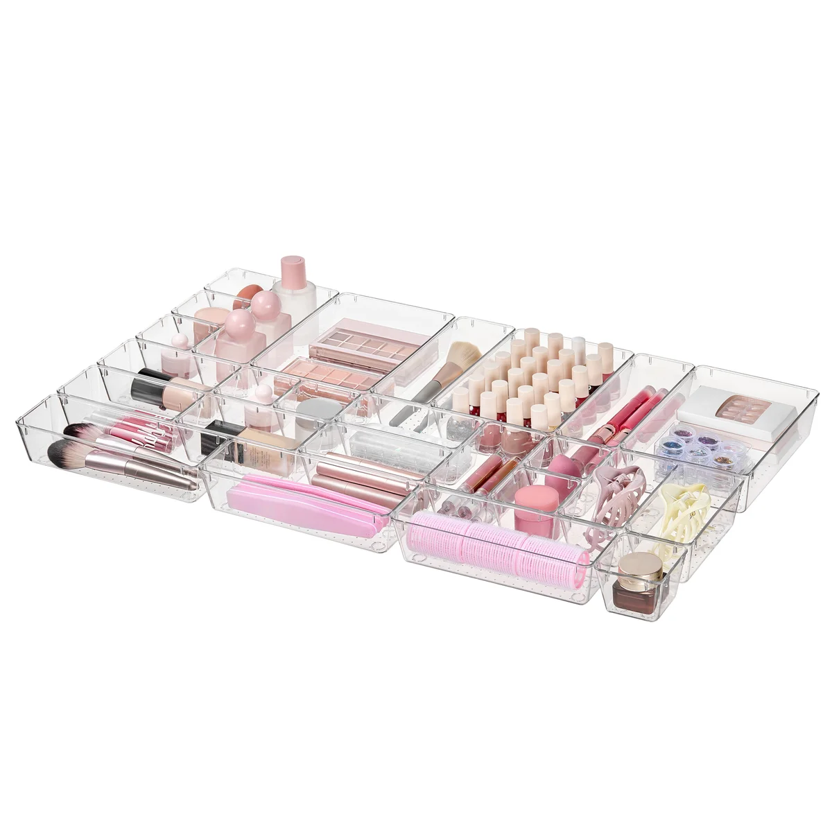 25 Piece Clear Plastic Drawer Organizers Set, 4 Sizes Clear Drawer Organizers & storage Bins for Makeup/Jewelry Vanity, Kitchen Gadgets Or Office Desk. Bathroom Drawer Organizer Trays